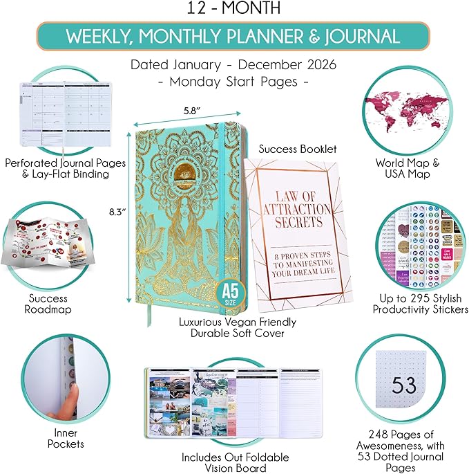 Law of Attraction Planner 2026 Deluxe with Productivity App | Weekly & Monthly Goal-Setting Planner, Life & Gratitude Journal | Include Foldable Vision Board, Gift Box & Stickers