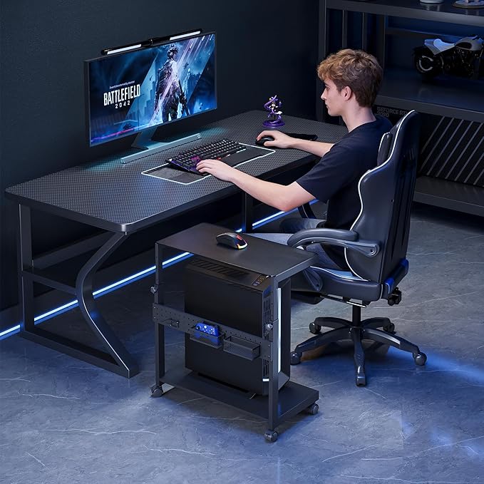 EUREKA ERGONOMIC PC Stand Computer Cart Frosted Glass, Height Adjustable Tower Stand 2-Tier Suit for ATX Case Printer, Metal Rolling Cart on Wheels for Gaming Home Office, Black