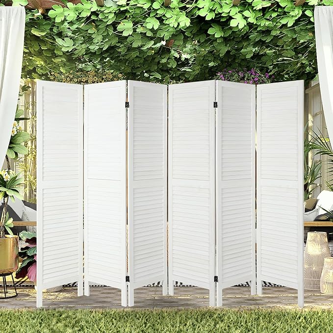 6 Panel Room Dividers and Folding Privacy Screens, Divider for Room Separation, Wood Louvered Divider Wall, Wooden Partition for Home Office Bedroom (White-Washed)