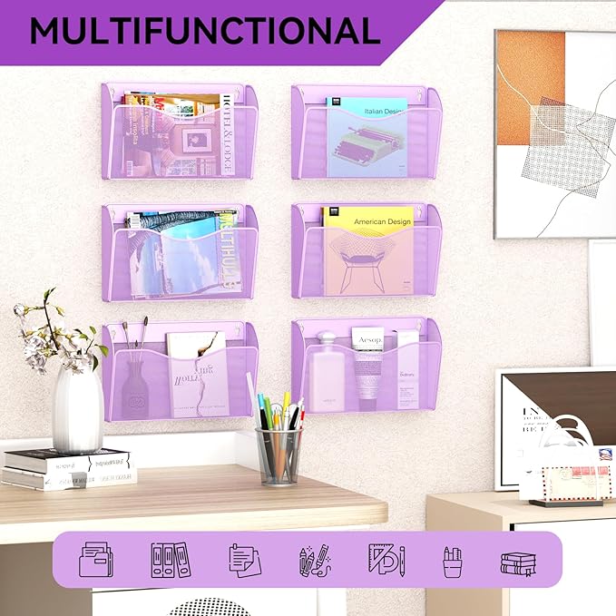 GDINDINFAN 3 Single Pocket Wall File Holder, Mesh Hanging File Folder Paper Organizer, Vertical Wall Mounted Mail Basket, Storage Organization Magazine Rack for Office, Home and School, Light Purple
