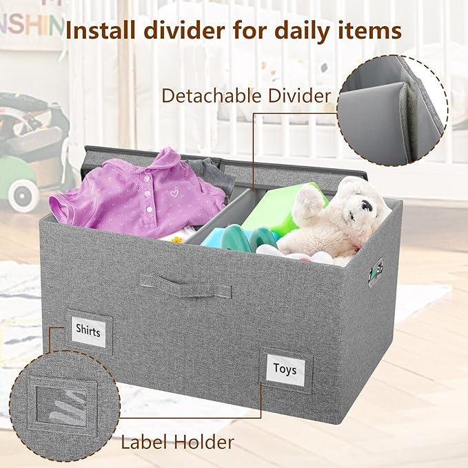 Graciadeco 75 Quarts Extra Large Decorative Storage Bins with Lids, 3 Packs Gray Collapsible Storage Bins with Lids, Stackable Storage Bins Decorative Box Storage With Lid Extra Large