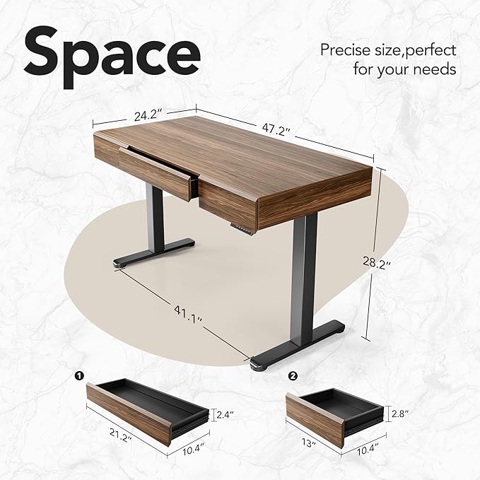 HUANUO 48 Inch Standing Desk with Drawers, Electric Adjustable Height Stand Up Desk with Storage, Whole-Piece Board Computer Workstation for Home Office, Black Walnut