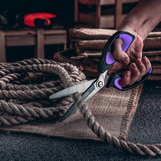 LIVINGO Heavy Duty Industrial Scissors: 10" Utility Stainless Steel Scissors all Purpose Premium Titanium Coating Forged Shop Shears for Household Pruning, Gardening, Construction, Black & Purple