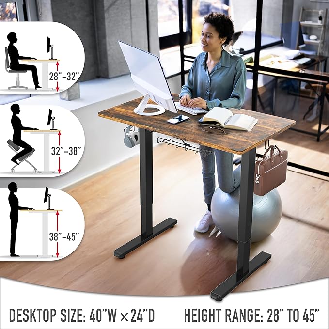 SHW 40-Inch Electric Height Adjustable Standing Desk with Drawer, Memory Preset and Cable Management Tray, Rustic Brown