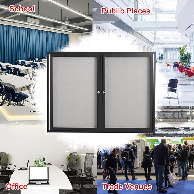48x36 Inch Lockable Enclosed Bulletin Board, Weather-Resistant Outdoor Noticeboard with 2 Locking Doors, Wall-Mounted Black Aluminum Frame & Grey Felt Presentation Board