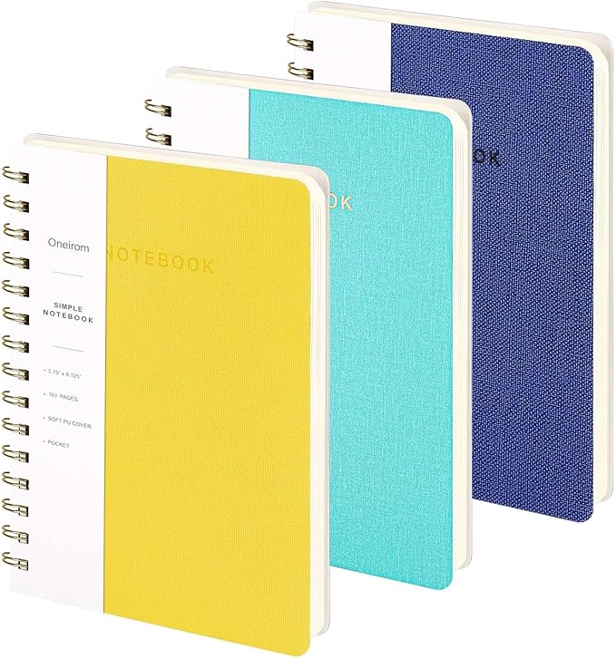Spiral Notebook-5.75" x 8.125" College Ruled Journal with Inner Pockets and 160 Pages,PU Leather Cover Business Journal, Twin-Wire Binding Notebook Perfect for Office & Home School Supplies 3 pack NavyBlue/Yellow/MintGreen