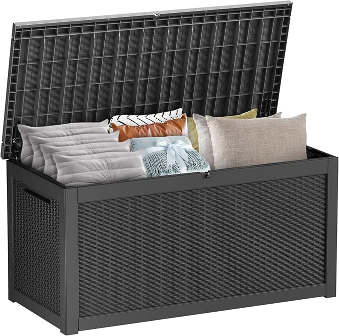 Decksplore 320 Gallon Outdoor Storage Box Waterproof Lockable Resin Deck Box Large, Patio Storage Bin for Pool Accessories Cushion Furniture, Garden Tools, UV-Resistant Outside Delivery Black