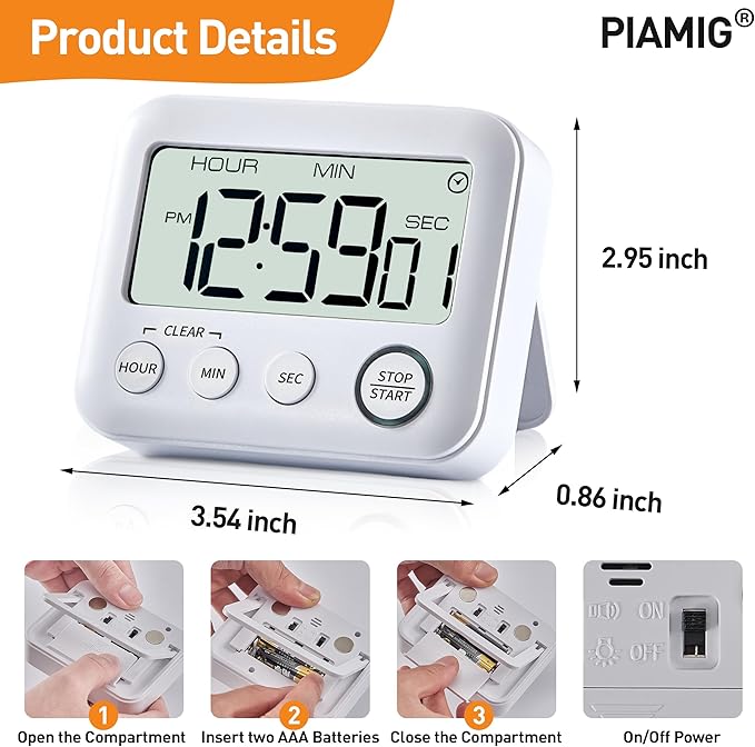 PIAMIG Digital Kitchen Timer Alarm Clock for Cooking, Large LCD Display Multi-Function, Strong Magnetic with Loud Alarm, Digital Timer for Kids,Teachers,Classroom, Exercise or Work (White)