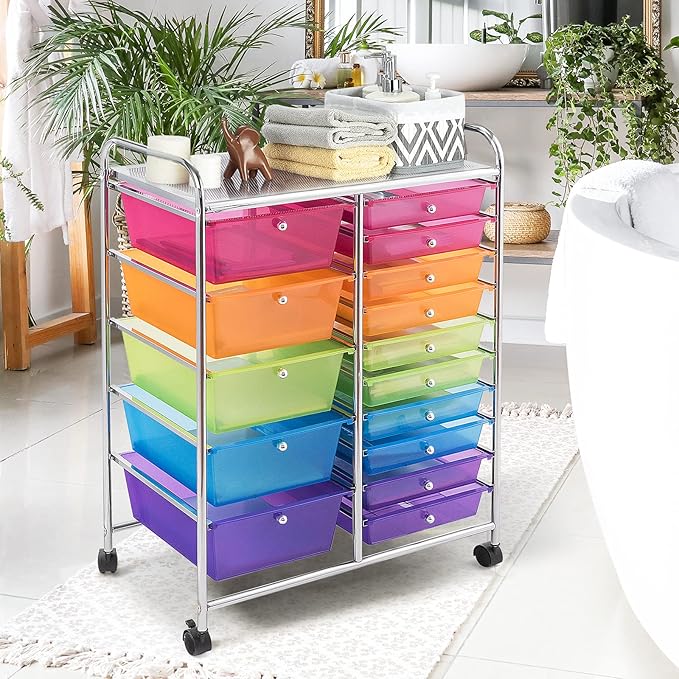 DORTALA 15-Drawer Rolling Storage Cart with Drawers, Rolling Utility Cart w/Removable Drawers & Universal Wheels, Tools Scrapbook Paper Organizer for School, Office, Home, Classroom (Rainbow)
