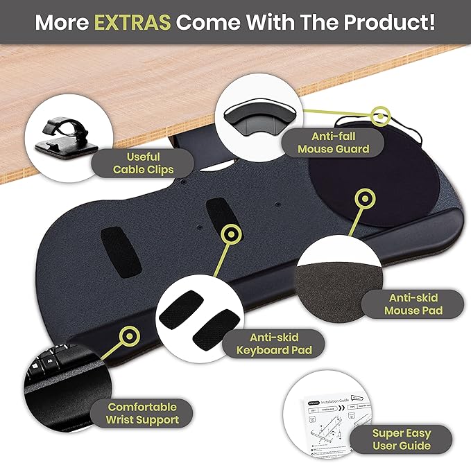 FERSGO Under Desk Keyboard Tray, 27" x 11" Tray, 17.75" Track, One Knob Control, Undermount Sliding Computer Keyboard with Wrist Rest, Adjustable Height and ±15° Tilt