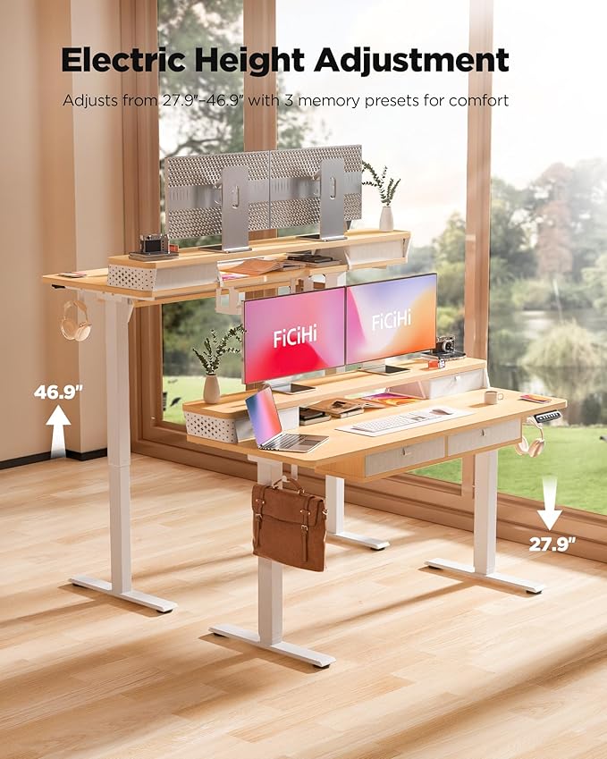 FiCiHi Electric Standing Desk with Four Drawers, Adjustable Height Sit Stand Desk, C-Clamp Compatible Home Office Desk with Storage Shelf & Monitor Stand Riser, 48 x 24 Inch, Maple