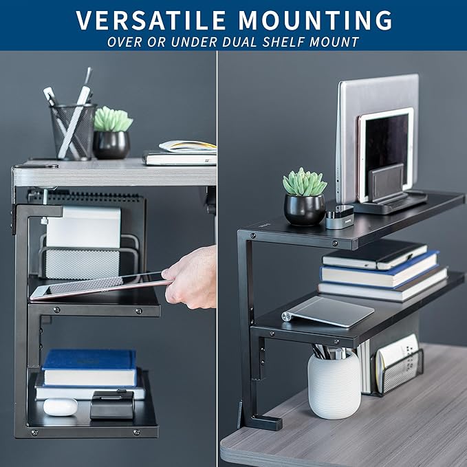 VIVO Clamp-on 24 inch Above or Below Desk 2-Tier Shelving Unit for Table Accessories, Gaming Devices, and More, Storage Tray, Desktop Organizer, Black, STAND-SHELF24C