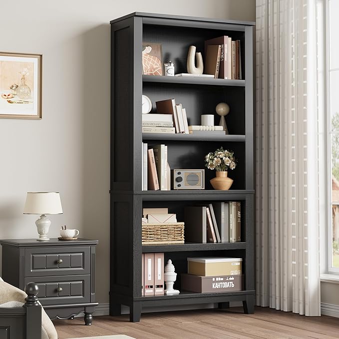 IDEALHOUSE 71" Farmhouse Bookshelf w/Adjustable Shelves & 31.5 in Whidth, 5 Tier Tall Bookshelf with Wooden Legs, Vintage Wooedn Book Shelf for Living Room Office (Black, 71.3" H x 31.5" W x 11.8" D)
