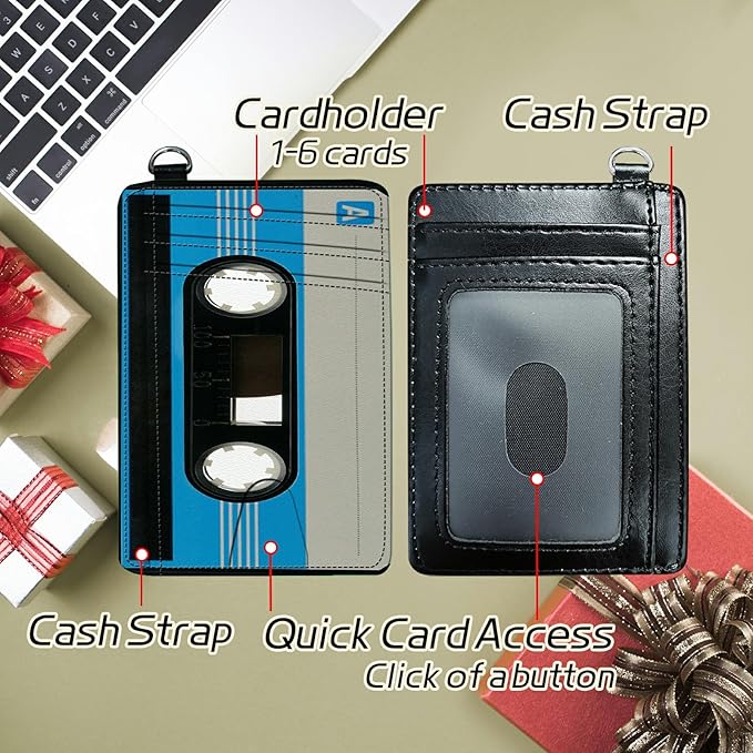 BWEGRHE Small Travel Wallets, Blue Cassette Slim Minimalist Front Pocket Wallet with Wristlet, RFID Blocking PU Leather Credit Card Holder with ID Window Change Purse for Men Women