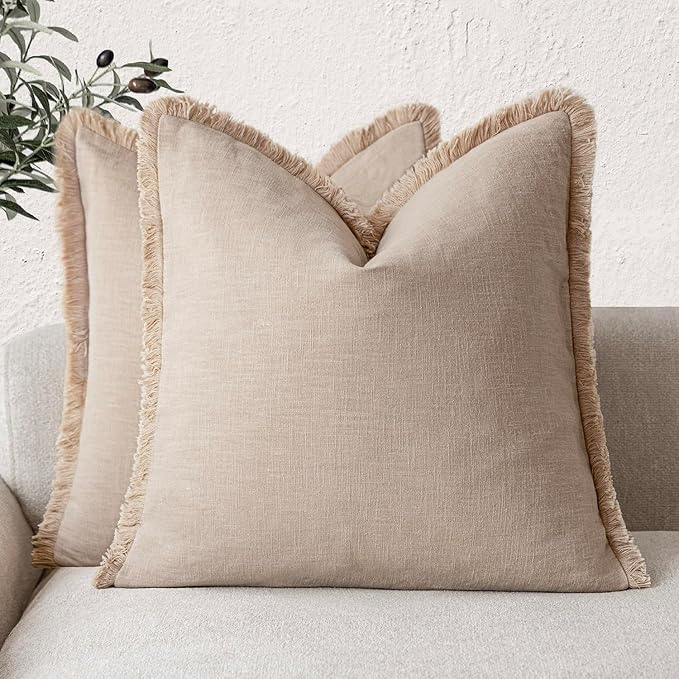 Foindtower Set of 2 Decorative Linen Fringe Throw Pillow Covers Boho Farmhouse Cushion Cover with Tassels Soft Accent Pillowcase for Couch Chair Sofa Bed Living Room Home Decor,20×20 Inch,Tan Beige