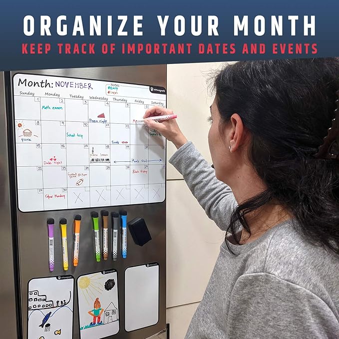 Large Dry-Erase Magnetic Monthly Calendar + Free Bonus: 3 Grocery/to-Do List Whiteboards (Organizer/Planner) for Kitchen Fridge - Full Set: 8 Markers + Eraser | Stain Free | Horizontal