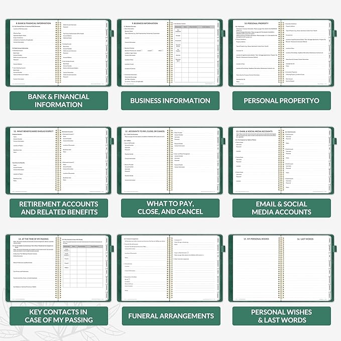 SUNEE End of Life Planner,I‘m Dead Now What Planner, Large Print Spiral-Bound Estate Organizer with Tabs for Seniors & Family. Covers Final Wishes, Passwords,Funeral Planning. A4（9"x11.2"),Deep Green