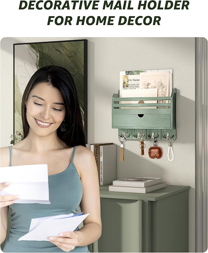 Rebee Vision Pine Wood Mail and Key Organizer for Wall – Farmhouse Mail Organizer Wall Mounted with 7 Sturdy Hooks & Drawer Storage – Apartment Essentials for Stylish Home Decor (Green)