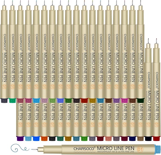 CHARSOCO 01 Micro Pen, Fine Point Pen with 36 Colors, Waterproof Archival Ink, 0.25mm Fineliner Ink Pens for Artist Illustration, Sketching, Anime, Manga, Technical Drawing and Scrapbooking