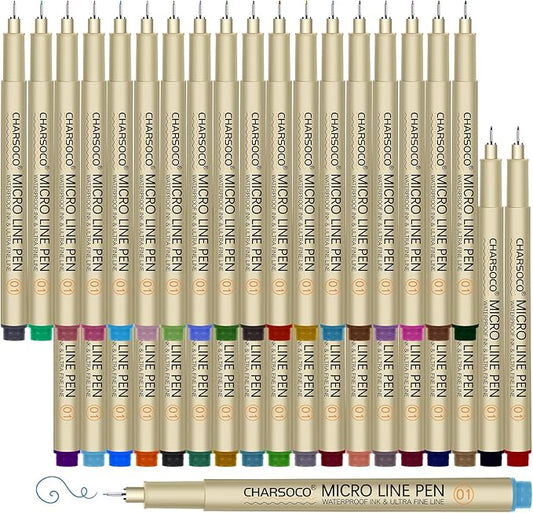 CHARSOCO 01 Micro Pen, Fine Point Pen with 36 Colors, Waterproof Archival Ink, 0.25mm Fineliner Ink Pens for Artist Illustration, Sketching, Anime, Manga, Technical Drawing and Scrapbooking