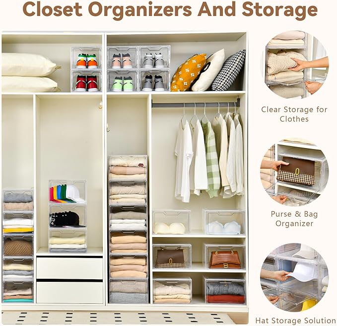 Freebat Closet Organizers and Storage, Acrylic Clear Plastic Storage Bins with Magnetic Door, 8 Pack Storage Containers for Clothes Home Organization Purse Bag Cabinet Display Closet Organizer System