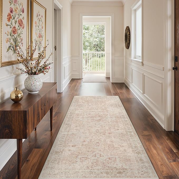 GENIMO Runner Rug 2'6"x6 Machine Washable Non Slip Vintage Hallway Runner Rug, Low Pile Lightweight Rugs for Indoor Entryway, Hallway, Kitchen and Corridor, Light Pink