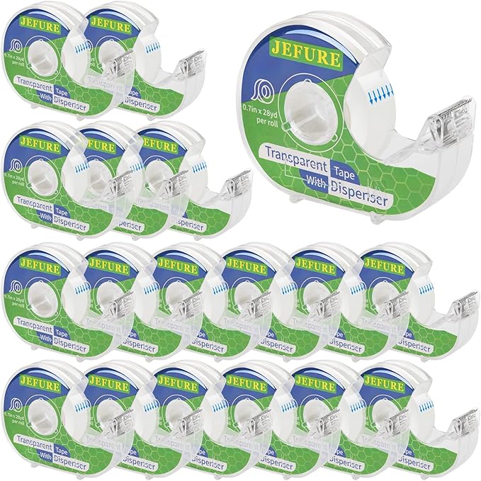 JEFURE 18 Pcs Transparent Tape with Dispenser, 0.7 x 1000 in Clear Tape Rolls Bulk, Office Tape Refills for Desk, Craft, and Gift Wrapping