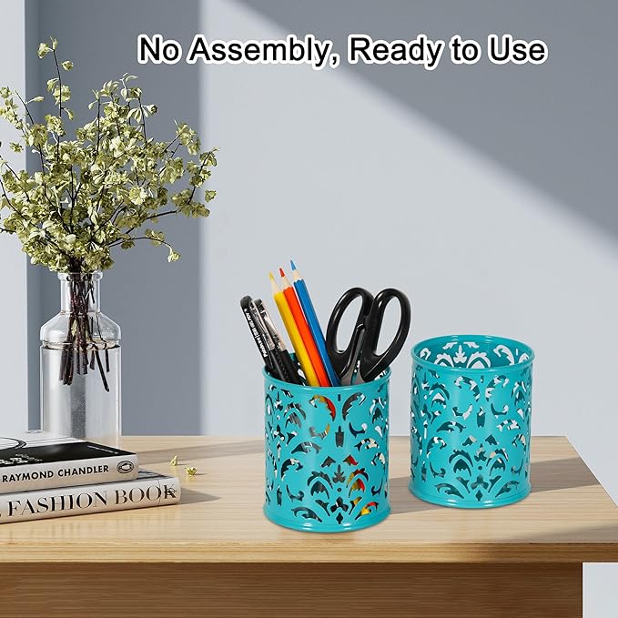 EasyPAG Teal Pen Holder for Desk, 2 Pack Round Pen Organizer, Brush Holder for Vanity, Metal Pencil Cup Organizer for Home, Office, Classroom, School