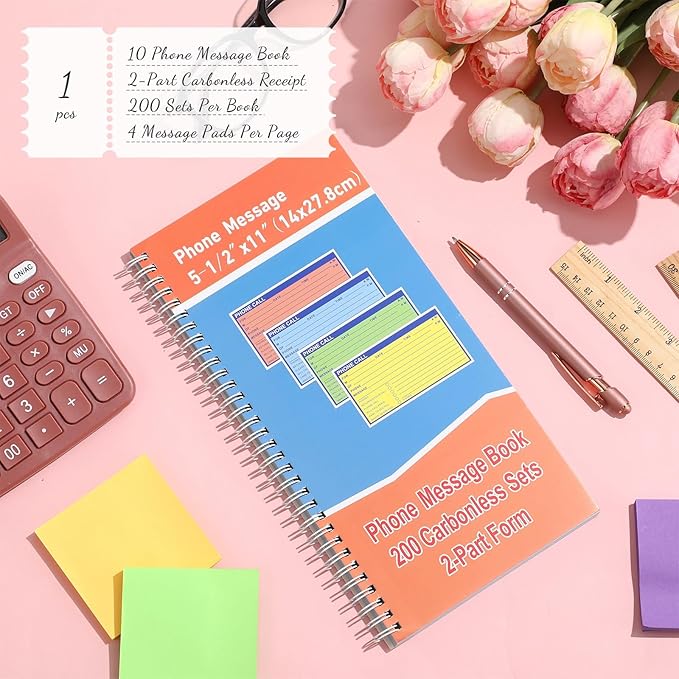 Fullhawl 1 Pcs Spiral Bound Phone Message Book 5-1/2" x 11" 2 Part Colorful Carbonless Phone Message Pads 4 Messages Per Page Carbon Copy Notebook Spiral Phone Call Log Book for Business Office