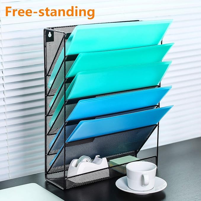 Delifox 7-Compartment Wall Mounted Hanging File Organizer Cubicle Wall File Holder Vertical Document Organizer for Office Home, Black