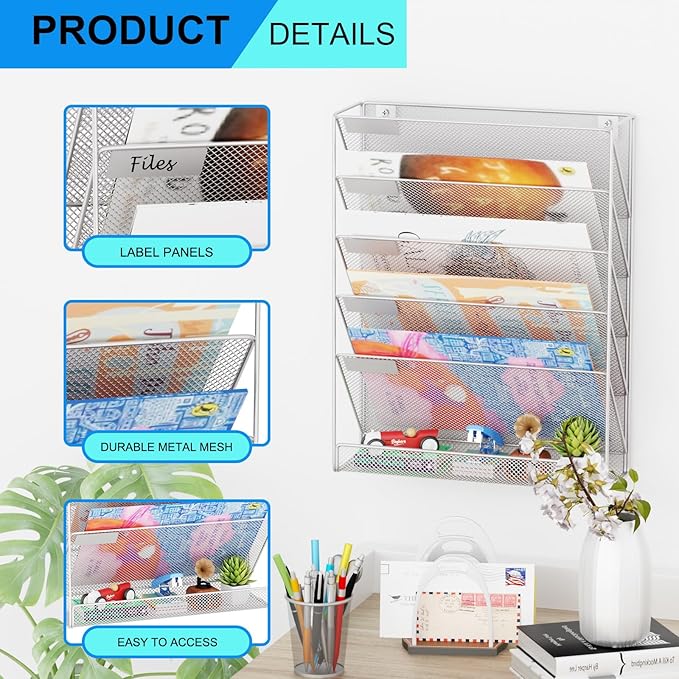 GDINDINFAN Wall File Organizer Holder Mesh Hanging Paper Document Holder, Vertical 6 Pocket Tier for Office Home, Silver