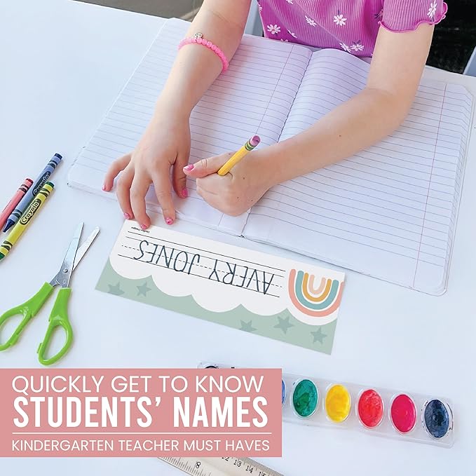 Desk Name Tags for Classroom -25 Student Name Plates for Classroom Kindergarten, Preschool, 1st, 2nd & 3rd Grade, 9x3 Teacher Nameplates for Student Desks & Cubbies, Boho Nametags
