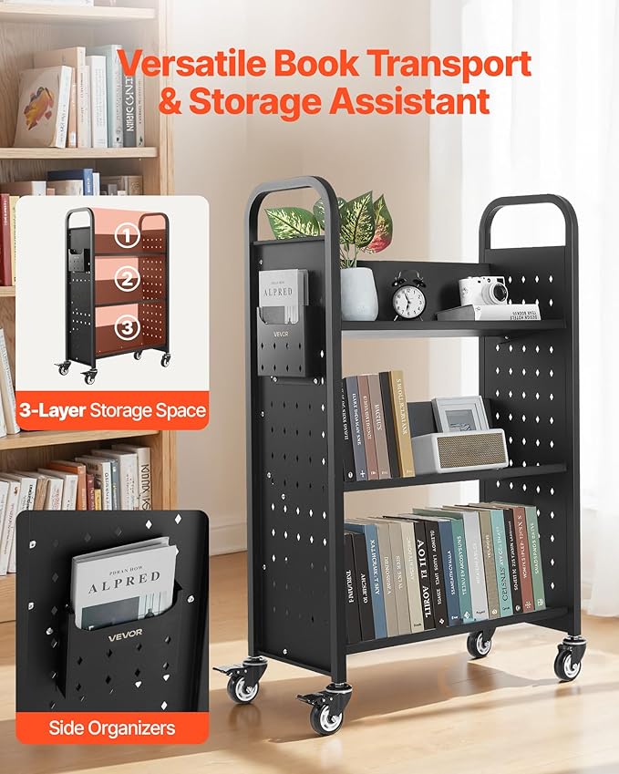 VEVOR Rolling Library Book Cart, 330 lbs Capacity, 30.3 x 15 x 48.0-Inch Library Cart, Single Sided V-Shaped Shelves with 3-Inch Lockable Wheels, Book Truck for Home Shelves Office and School, Black