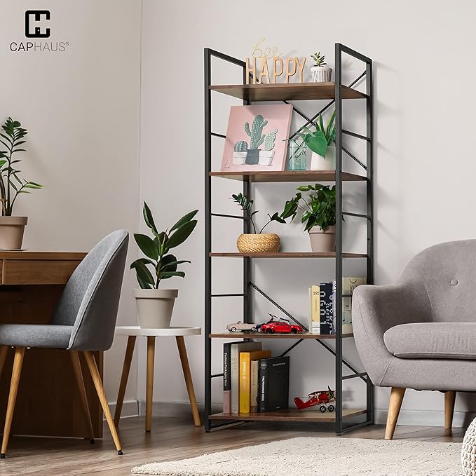 CAPHAUS 5 Tier Bookshelf, 24 Inch Width Free Standing Shelf, Bookcase Shelf Storage Organizer, Industrial Book Shelves for Home Office, Living Room, Kitchen, Rustic Oak