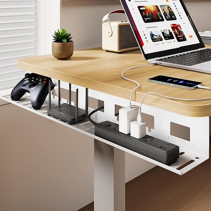 PEGZONE Under Desk Cable Management Tray, 31.5 Inches Metal Cord Organizer Rack, Desk Tray for Power Strip, Cord, Wire, Easy Mounting Cable Management Under Table for Home Office, White