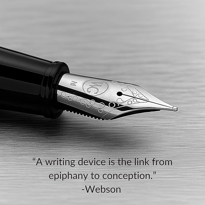 Webson Gill The Boss' Black Luxury Executive Fountain Pen, Polished Lacquer & Chrome, Medium Nib, Smudge Free No Bleed, Use Any Fountain Ink with Included Converter, Fits Cartridges (sold separately)