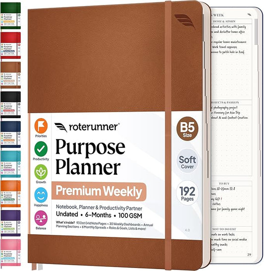 Roterunner Purpose Planner Notebook B5 7.5”x9.8” Undated 2026 Daily Weekly and Monthly Productivity Goal Setting Tool for Work Home ADHD Planner for Adults Self Care Journal