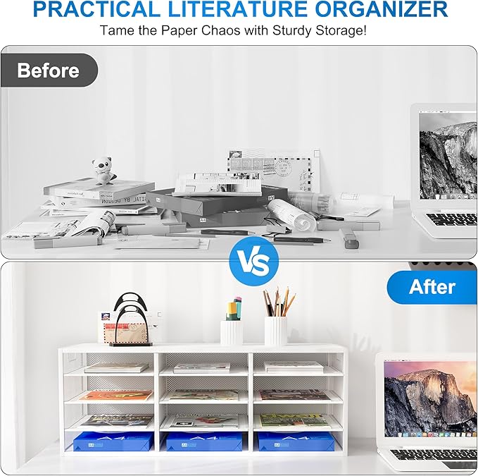 PAG-Mass Mail Sorter Adjustable Countertop Mail Holder, Heavy Duty Literature Organizer, Student Mailbox for Classroom, Desktop Bill Paper Organizer for Office Home School, 12 Compartments, White