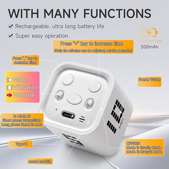 Rotating Productivity Timer 5, 10, 30, 60 Minutes Preset, Desk Cube w/Gravity Sensor for ADHD, Mute Functions, Ideal for Work, Study, Kitchen, Back to School (White)