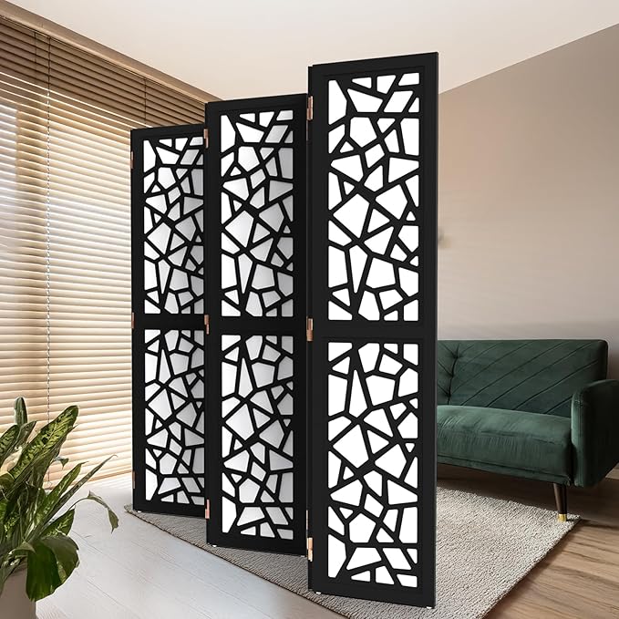 VINGLI 70'' H Room Divider, Non-Woven Fabric Privacy Screen, Indoor Partition Wall Dividers, Freestanding Hinged Space Separator with Modern Unique Pattern (Black, 6 Panel)