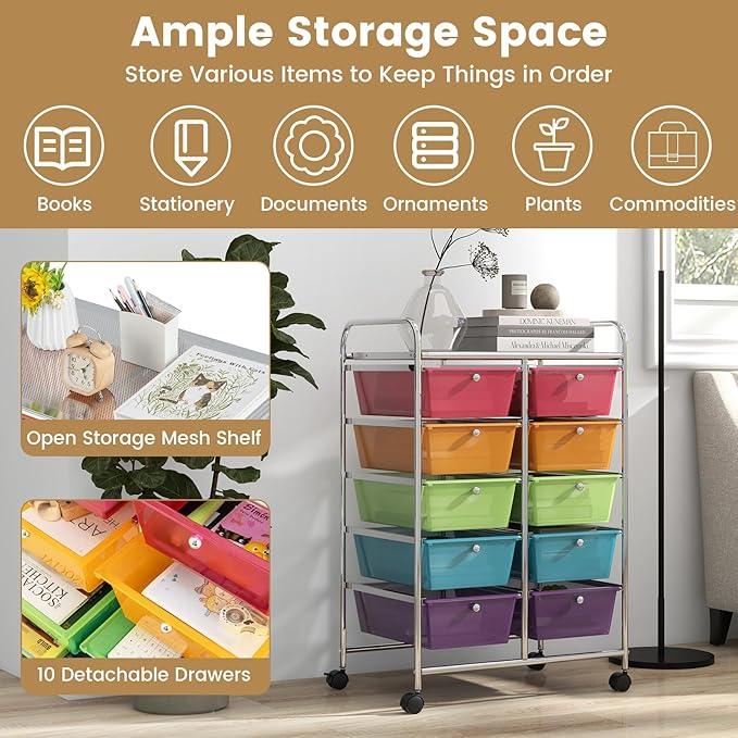 HAPPYGRILL 10-Drawer Rolling Storage Cart, Storage Organizer Cart with Lockable Wheels, Beauty Salon Movable Utility Cart for School, Office, Home, (Clear Colorful)