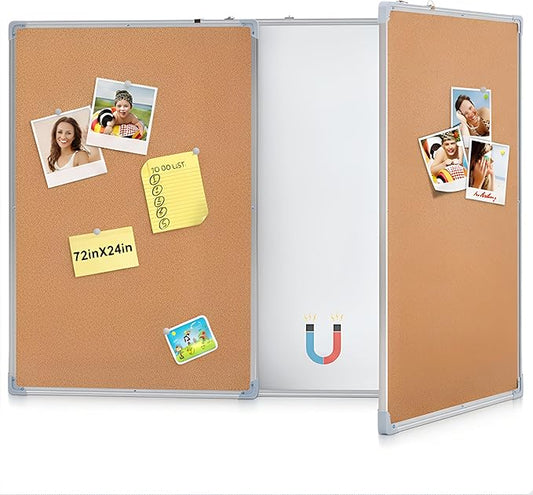 Mooliwe 72"x24" Tri-fold Cork Board Whiteboard, Foldable Combination Magnetic Dry Erase Bulletin Board & Corkboard with Aluminum Frame Wall Mounted for Home, Office and School(Wood)