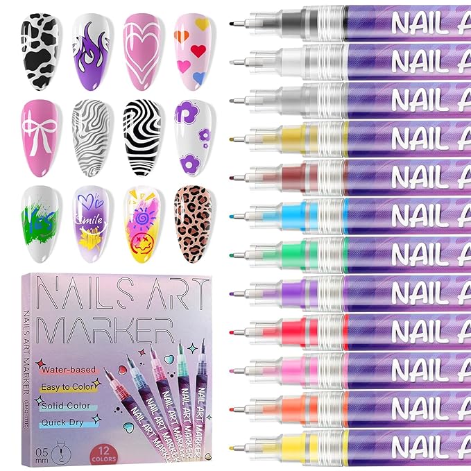 EBANKU 12 Colors Nail Art Pens Kit 0.5MM Ultra-Fine Tip 3D Nail Polish Pens Quick-Dry Acrylic Paint Pens Nail Markers Dotting Tools for Home & Salon Manicure