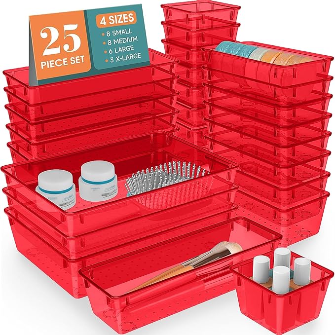 WOWBOX 25 PCS Plastic Drawer Organizer Set, 4 Sizes Desk Drawer Divider Organizers and Storage Bins for Makeup, Jewelry, Gadgets for Kitchen, Bedroom, Bathroom, Office, Clear Red