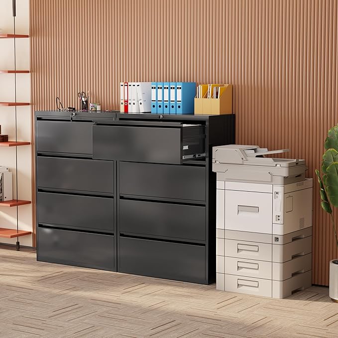 INTERGREAT 4 Drawer File Cabinet, Lateral File Cabinet with Lock, Metal Office Filing Cabinet with Adjustable Frame for Legal, Letter, A4 Files, Fast Assembeld, Black