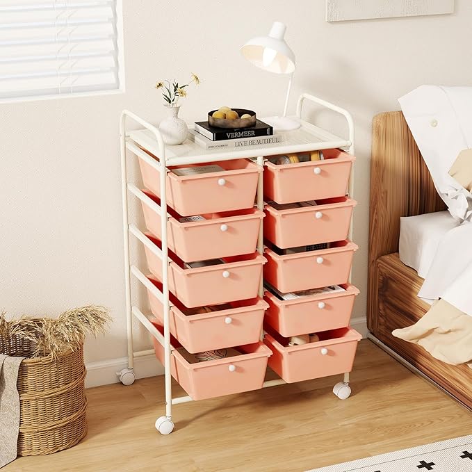 GLACER 10 Drawer Rolling Cart, Storage Cart with Lockable Whieels & Metal Frame, Trolley for Art Craft Oganizer, Mobile Utility Cart for Office, School, Classroom, Kitchen (Peach Fuzz)