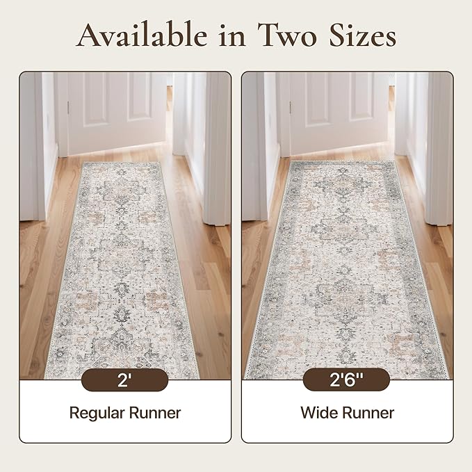 GENIMO Runner Rug 2'6"x4 Machine Washable Non Slip Vintage Hallway Runner Rug, Low Pile Lightweight Rugs for Indoor Entryway, Hallway, Kitchen and Corridor, Light Taupe Brown