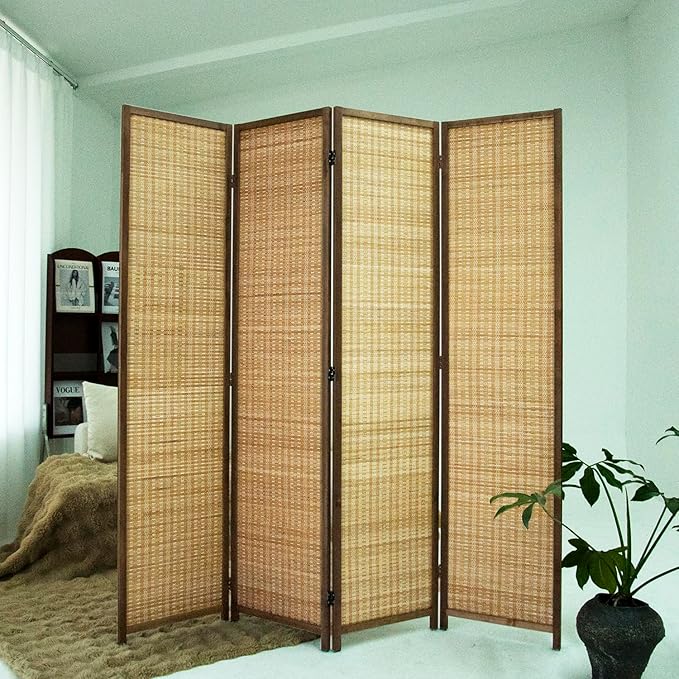 Loomveil 4 Panel Room Divider Folding Privacy Screen,67 inch Bamboo Panel Divider for Home Partition,Brown
