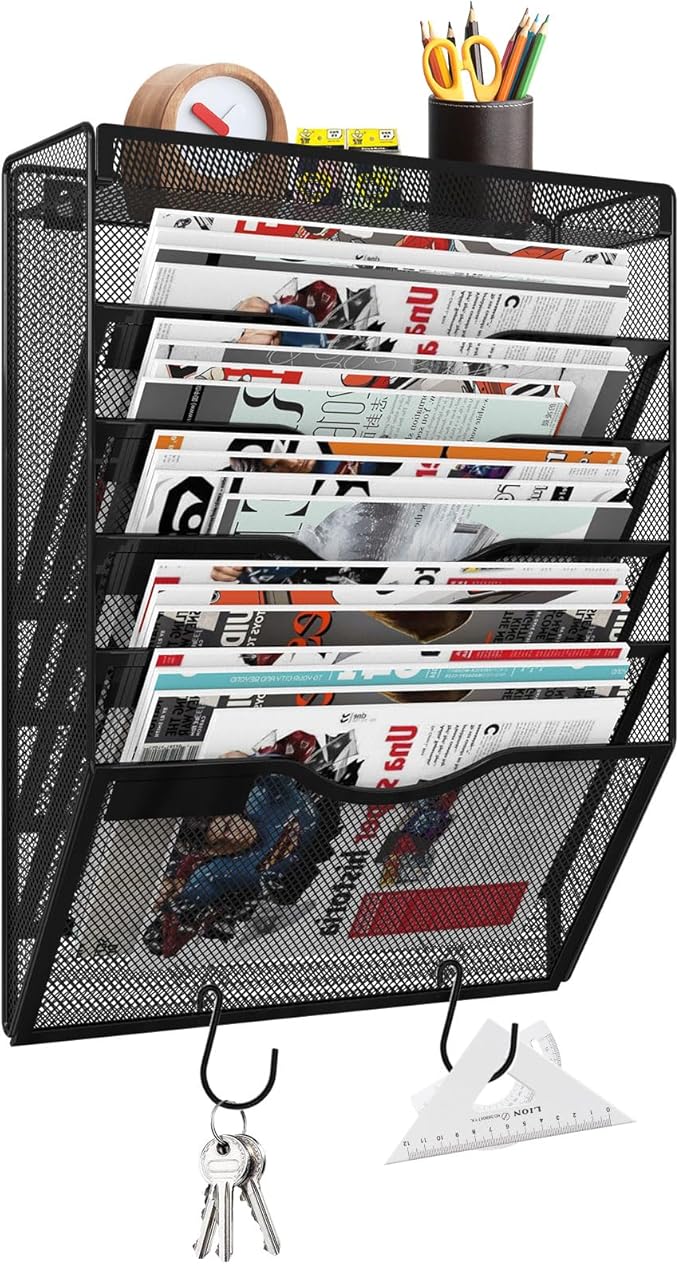 KZWKRG 6 Tier Wall File Organizer Hanging Vertical File Organizer, Wall Mounted Mail Paper Document Folder Holder, Mesh Magazine Rack Mail Document Organizer for Office School Home(Black)