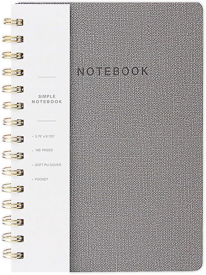Spiral Notebook-5.75" x 8.125" College Ruled Journal with Inner Pockets and 160 Pages,PU Leather Cover Business Journal, Twin-Wire Binding Notebook Perfect for Office & Home School Supplies Grey